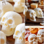 Mozzarella skulls arranged on a spooky meat and cheese tray for Halloween party food