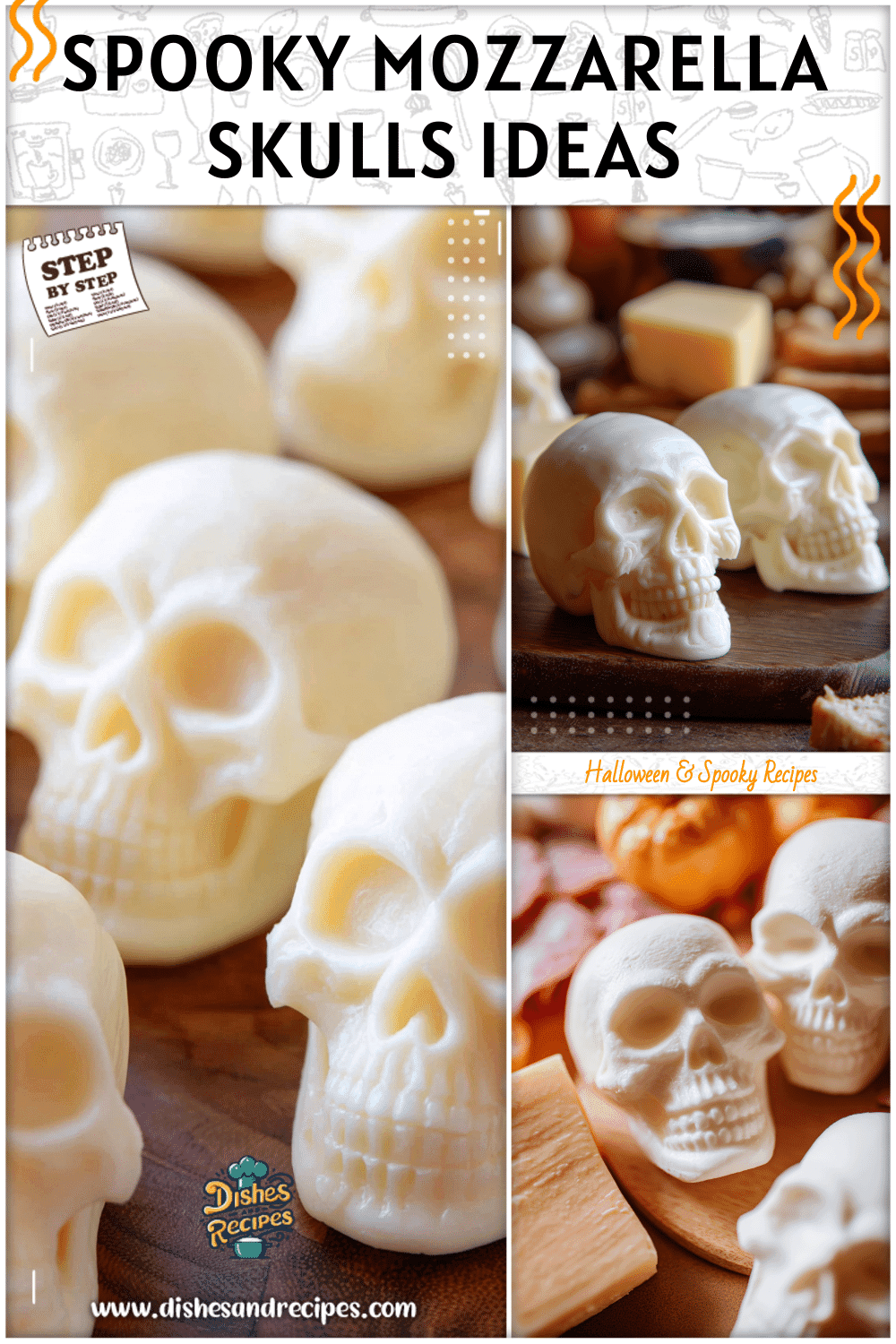 Mozzarella skulls arranged on a spooky meat and cheese tray for Halloween party food