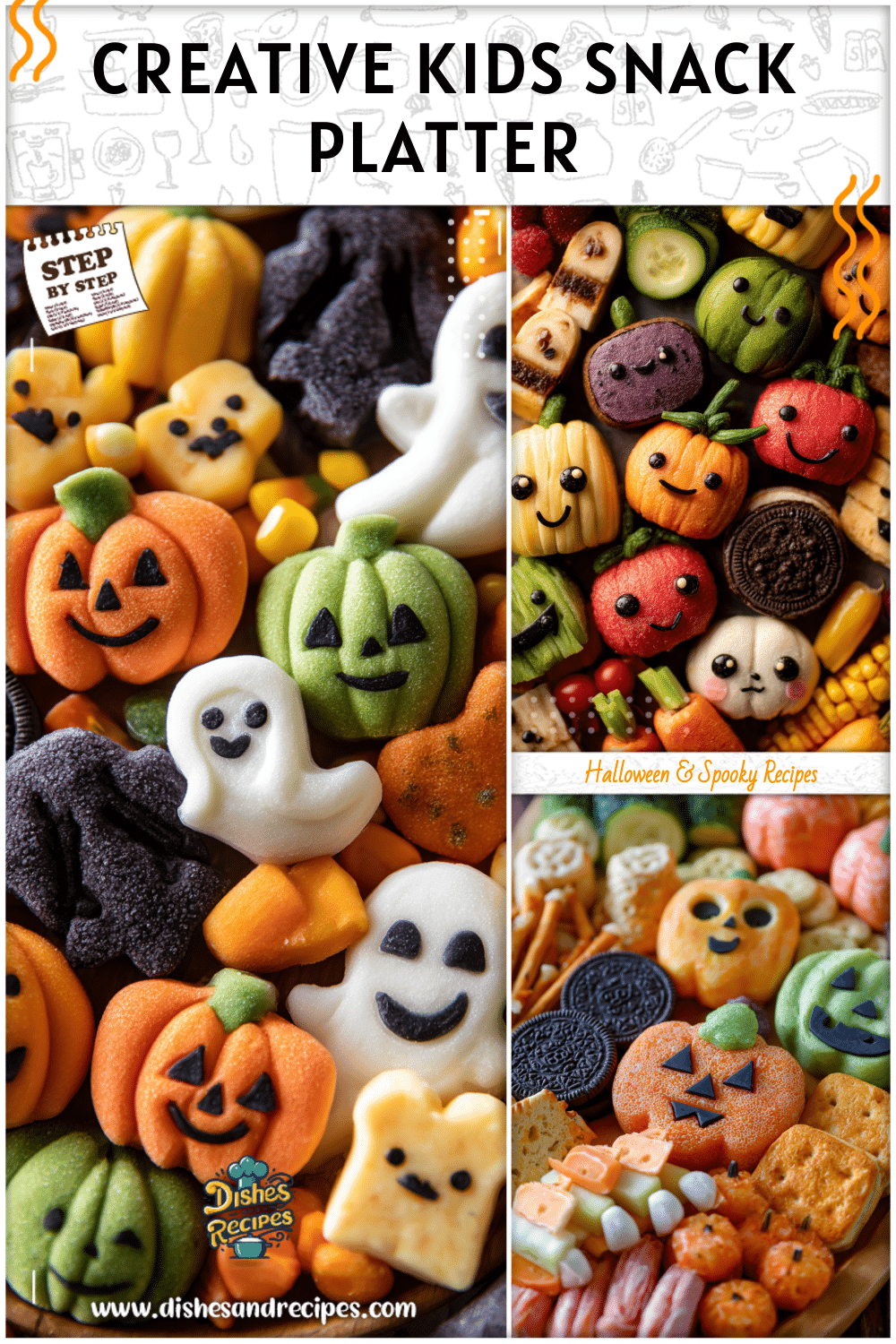Halloween party platter filled with Halloween shaped food and kid friendly finger snacks