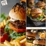 A spider burger paired with fries and surrounded by spooky Halloween decorations on a cutting board.