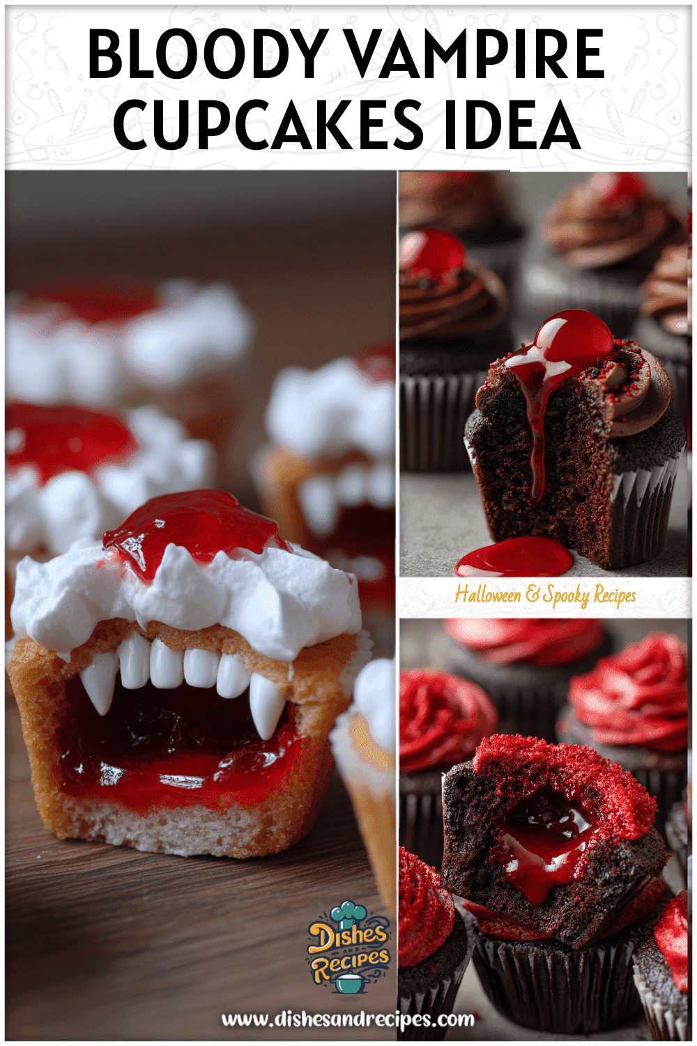 Close-up of Halloween Red Velvet Cupcakes decorated as spooky Vampire Cupcakes with a bloody filling.