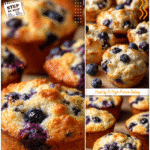 Close-up of blueberry cottage cheese muffins with a fluffy texture and light golden tops on parchment paper.