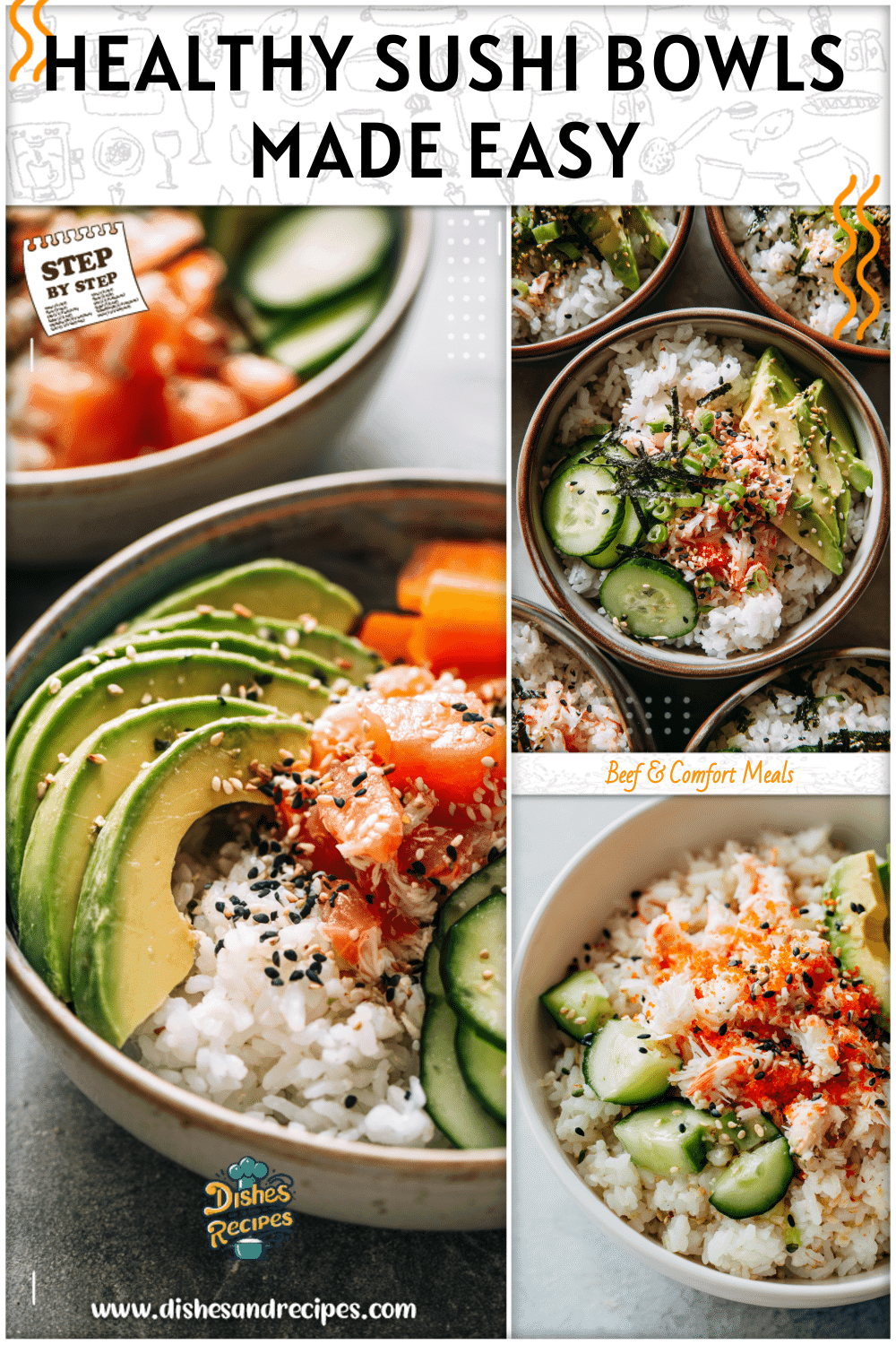 Colorful Healthy California Roll sushi bowls with rice, avocado, cucumber, crab, and sesame seeds served for meal prep.