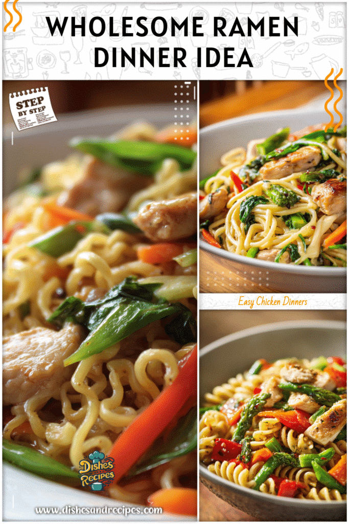 Healthy chicken roman noodles bowl with vegetables and a light stir fry sauce