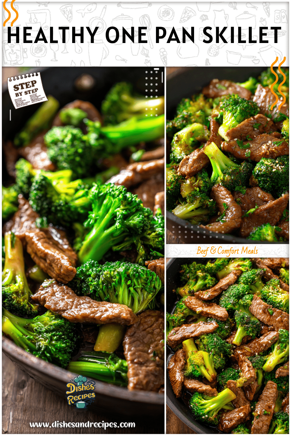 Healthy Chinese beef and broccoli skillet with tender beef slices and vibrant broccoli florets.
