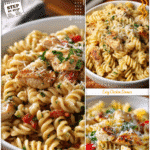 White bowl of garlic parmesan chicken pasta styled as an easy 1 person meal dinner