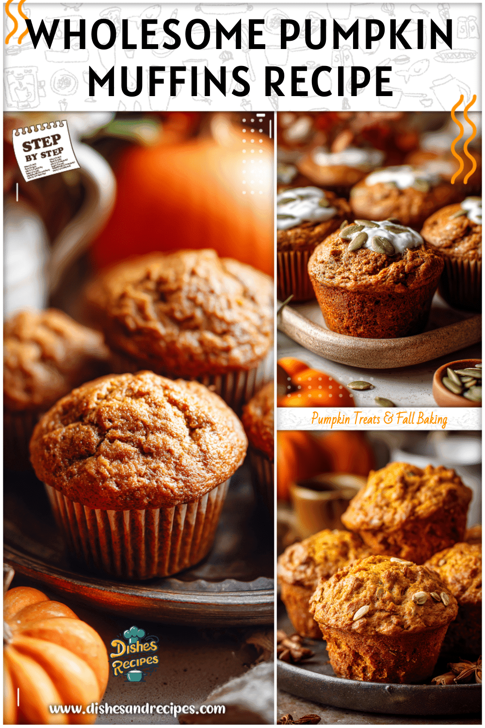 Freshly baked healthy Greek yogurt pumpkin muffins on a tray with warm fall decor.