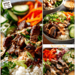 Healthy Korean BBQ steak bowl with rice, fresh vegetables, and creamy spicy sauce.