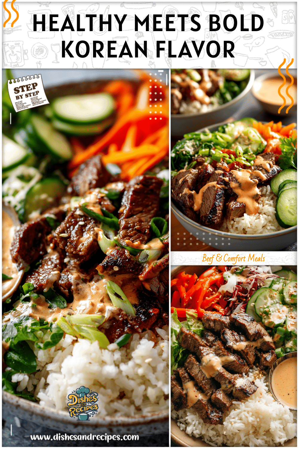 Healthy Korean BBQ steak bowl with rice, fresh vegetables, and creamy spicy sauce.