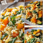 Healthy Orzo with Butternut Squash, Zucchini & Spinach 5 Colorful plate of creamy orzo with roasted butternut squash, zucchini, and spinach