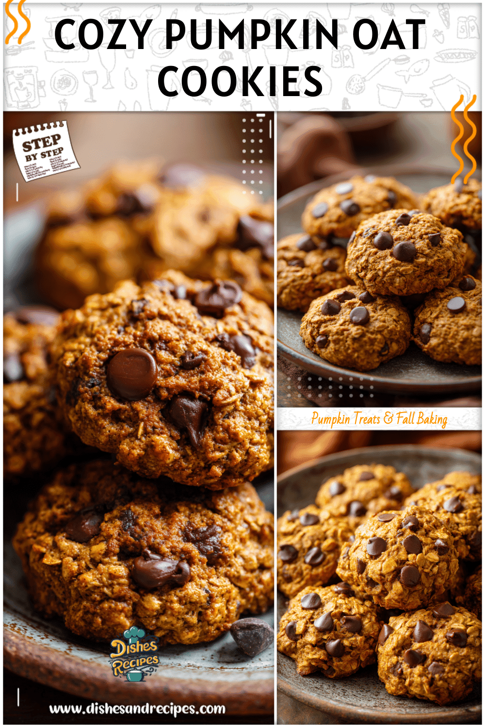 Freshly baked healthy pumpkin oatmeal cookies with chocolate chips on a rustic plate
