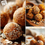 Close-up of healthy pumpkin protein balls rolled in oats and spices on a rustic wooden board.