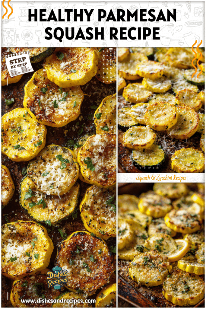 Healthy roasted yellow squash slices baked with parmesan on a rustic baking tray.