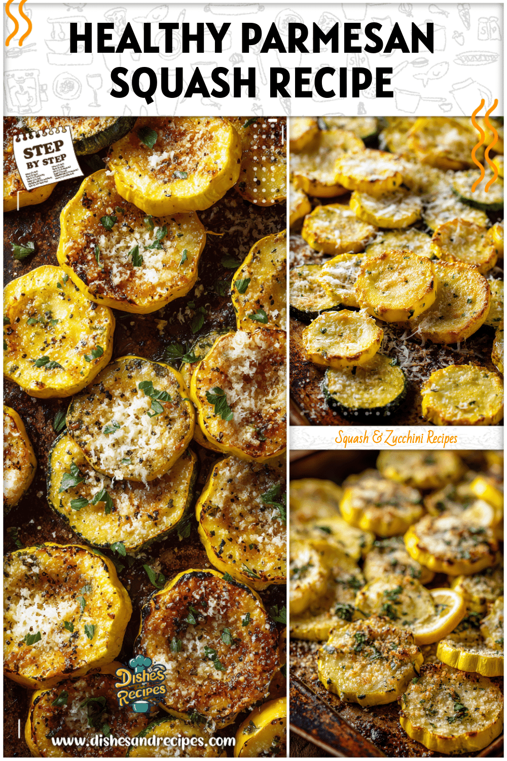 Healthy roasted yellow squash slices baked with parmesan on a rustic baking tray.