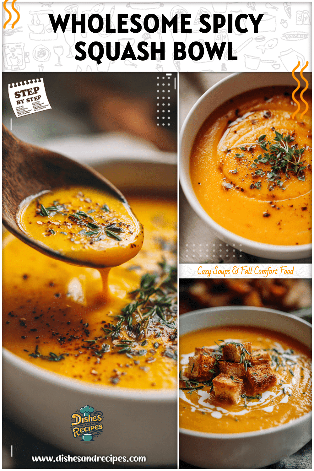 Healthy squash soup with butternut squash and sweet potato in a white bowl topped with herbs