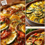 Healthy summer vegetable casserole with zucchini and squash slices layered and baked in a rustic dish.
