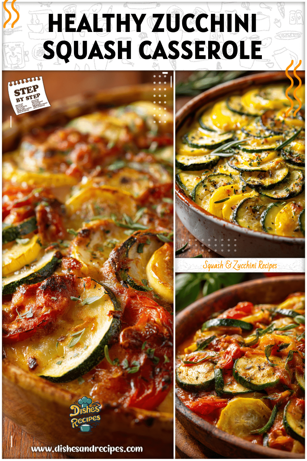 Healthy summer vegetable casserole with zucchini and squash slices layered and baked in a rustic dish.