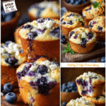 High Protein Blueberry Cottage Cheese Muffins for Healthy Breakfasts 5 Freshly baked blueberry cottage cheese muffins on a rustic wooden table, perfect for a high protein breakfast.
