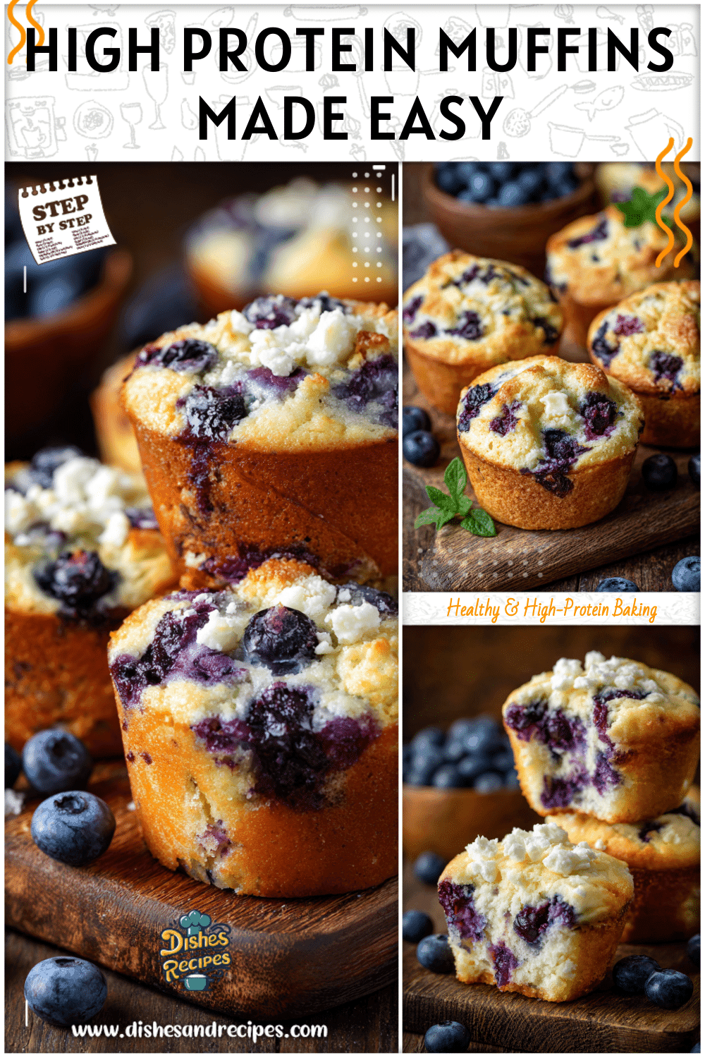 Freshly baked blueberry cottage cheese muffins on a rustic wooden table, perfect for a high protein breakfast.