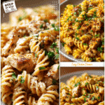 Plate of garlic parmesan high protein chicken pasta served with fresh parsley garnish