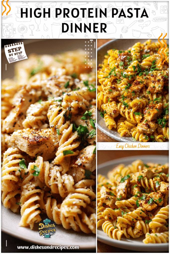 Plate of garlic parmesan high protein chicken pasta served with fresh parsley garnish