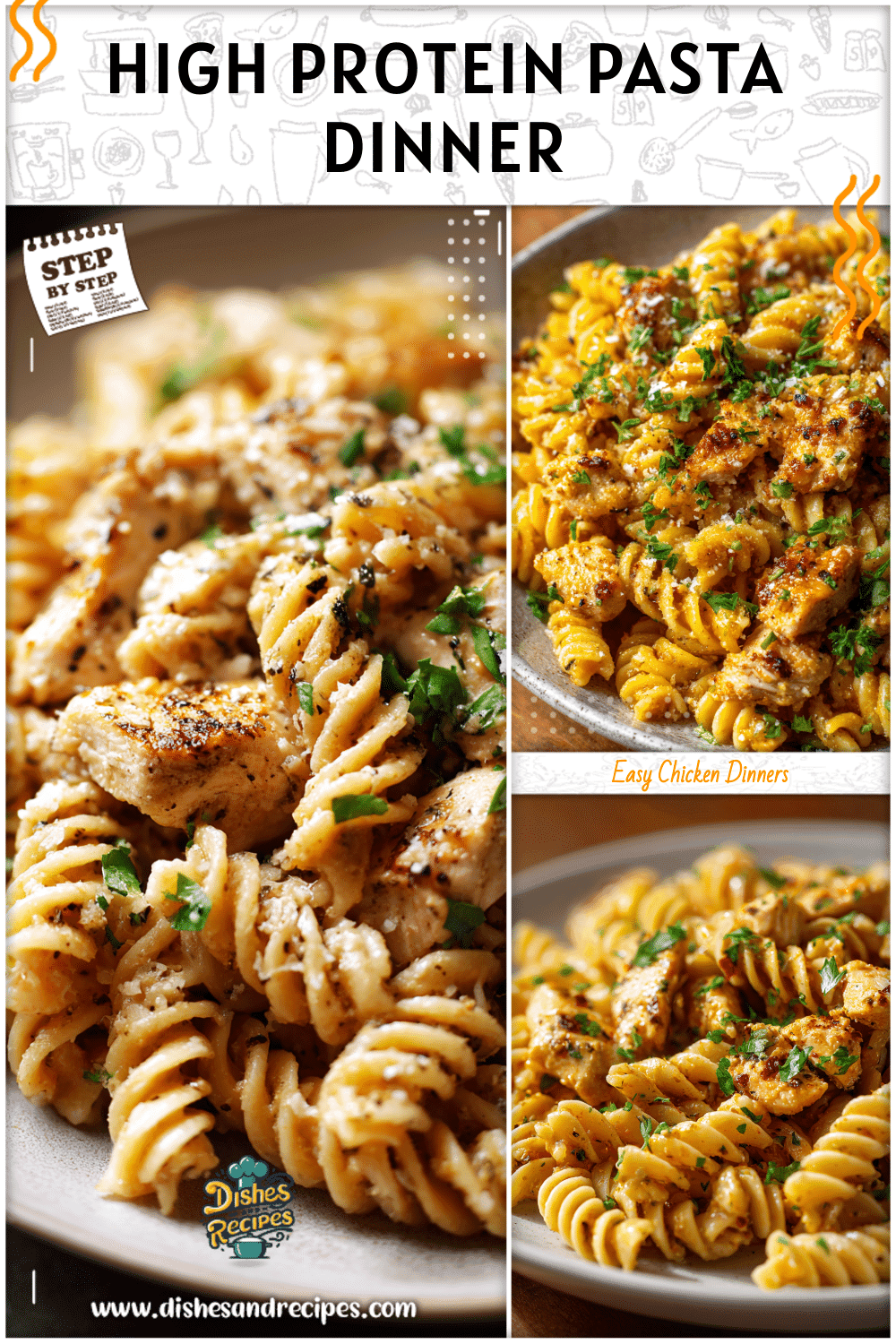 Plate of garlic parmesan high protein chicken pasta served with fresh parsley garnish