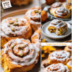 Fluffy Homemade Pumpkin Chai Cinnamon Rolls topped with icing on a rustic fall table setting.