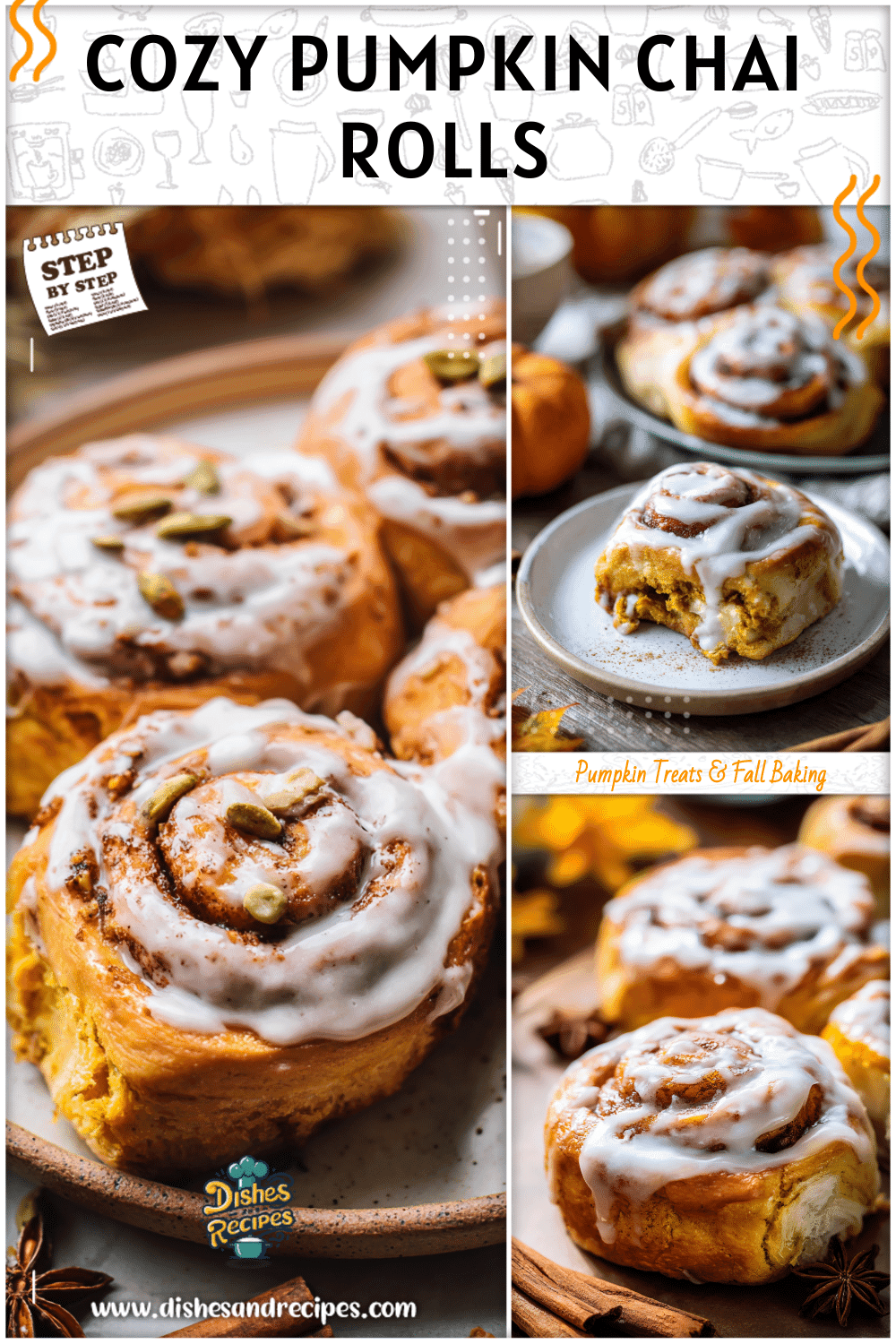 Fluffy Homemade Pumpkin Chai Cinnamon Rolls topped with icing on a rustic fall table setting.