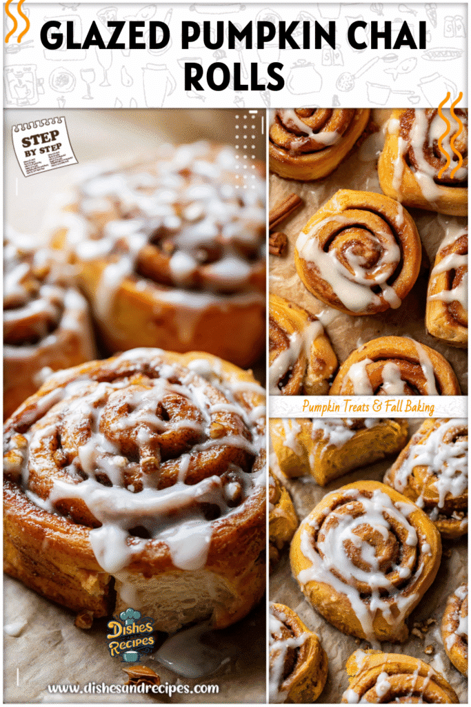 Home 19 Freshly baked Homemade Pumpkin Chai Cinnamon Rolls topped with creamy glaze on parchment paper.