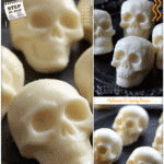 Mozzarella cheese shaped into skulls on a dark platter with spooky entrees for Halloween dinner for adults