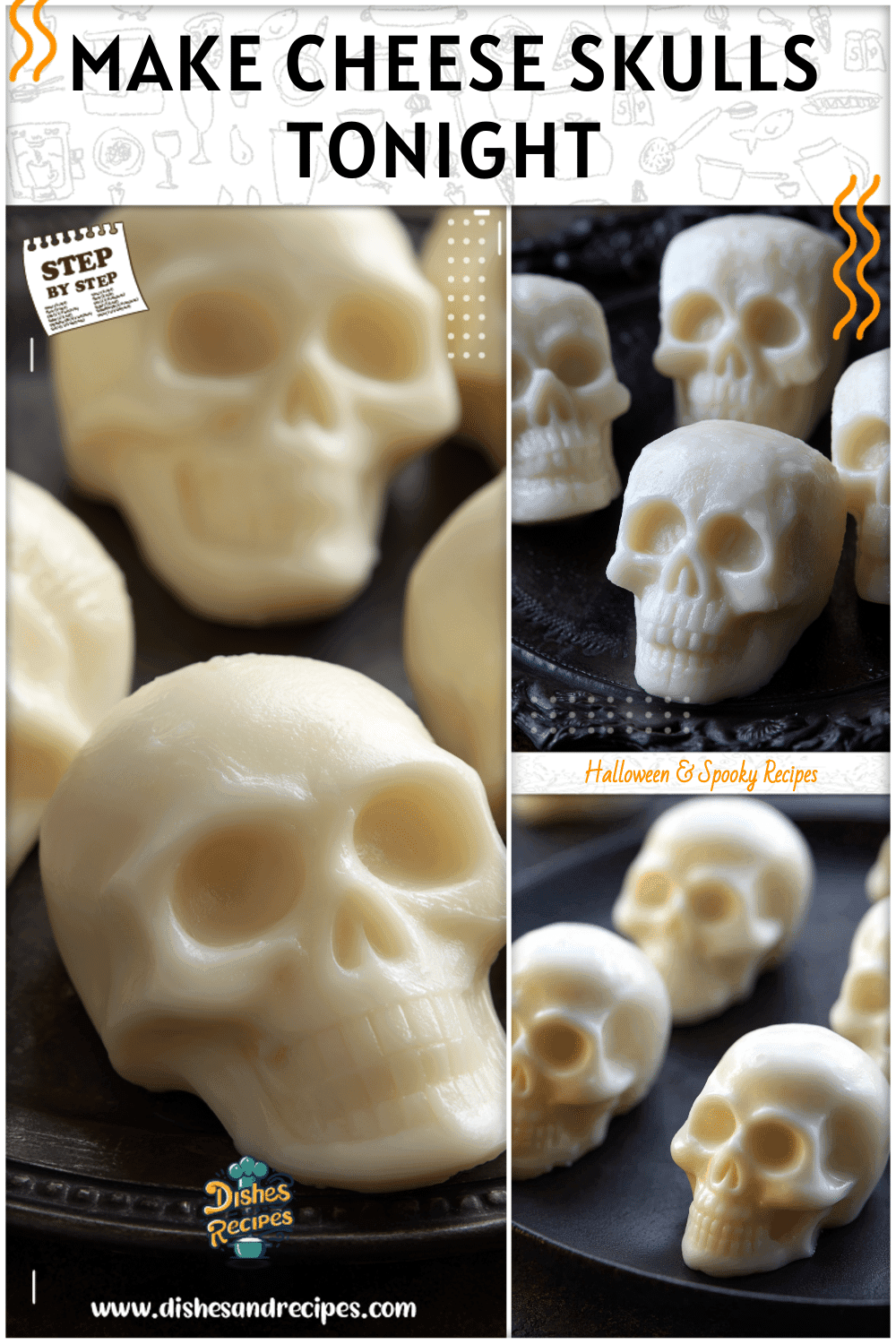 Mozzarella cheese shaped into skulls on a dark platter with spooky entrees for Halloween dinner for adults