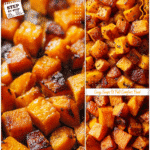 Close-up of roasted cubed butternut squash with caramelized edges