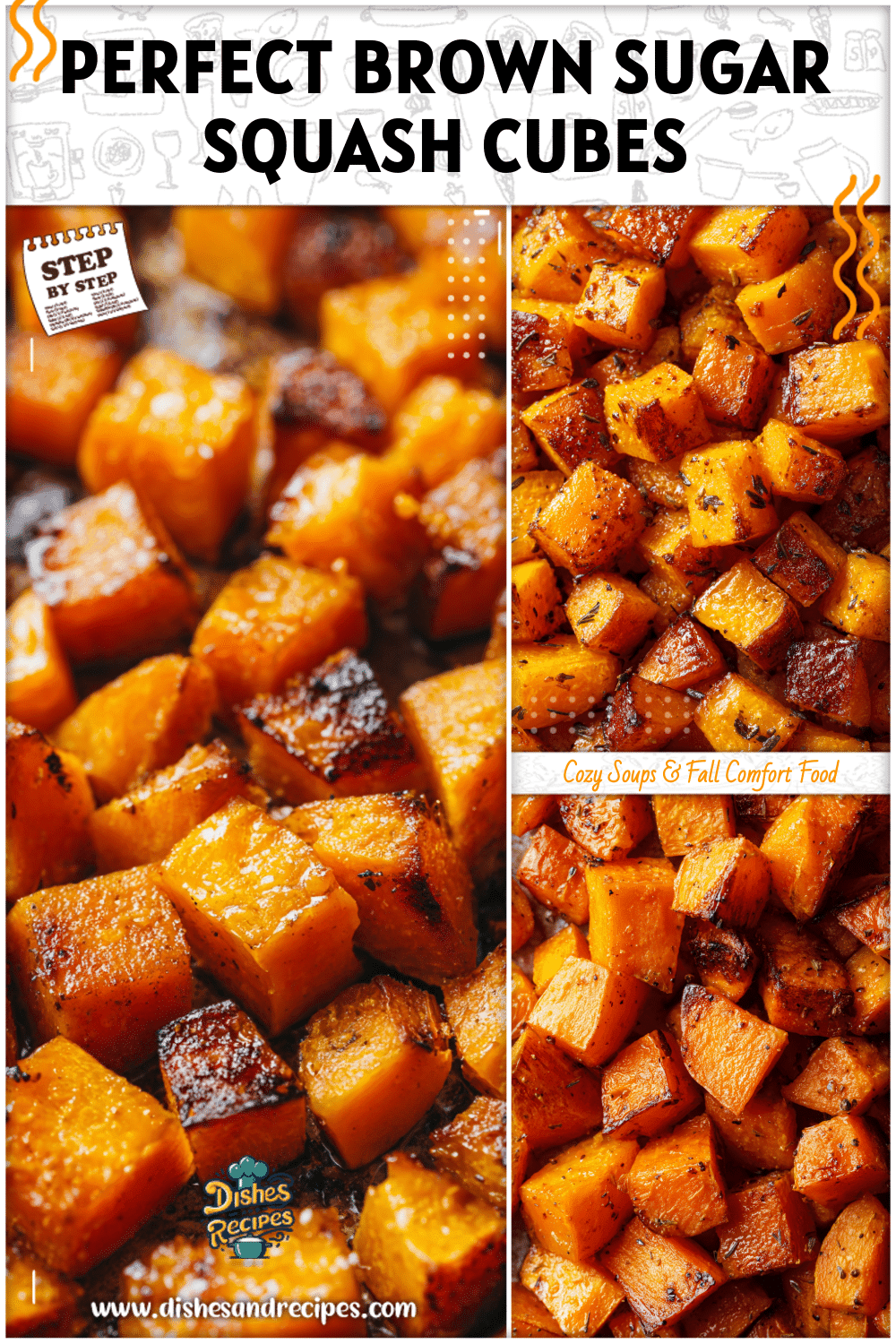 Close-up of roasted cubed butternut squash with caramelized edges