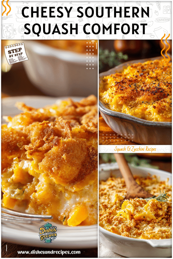 Home 33 Golden baked cheesy squash casserole topped with crispy crust in a southern vegetables dish.