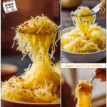 Fork twirling spaghetti squash strands from a baked spaghetti squash half in a bowl.