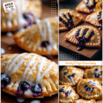 Kid-Friendly Vegan Ghost Hand Pies for Fall 5 Kid friendly ghost shaped vegan blueberry hand pies on a wooden board with lemon glaze