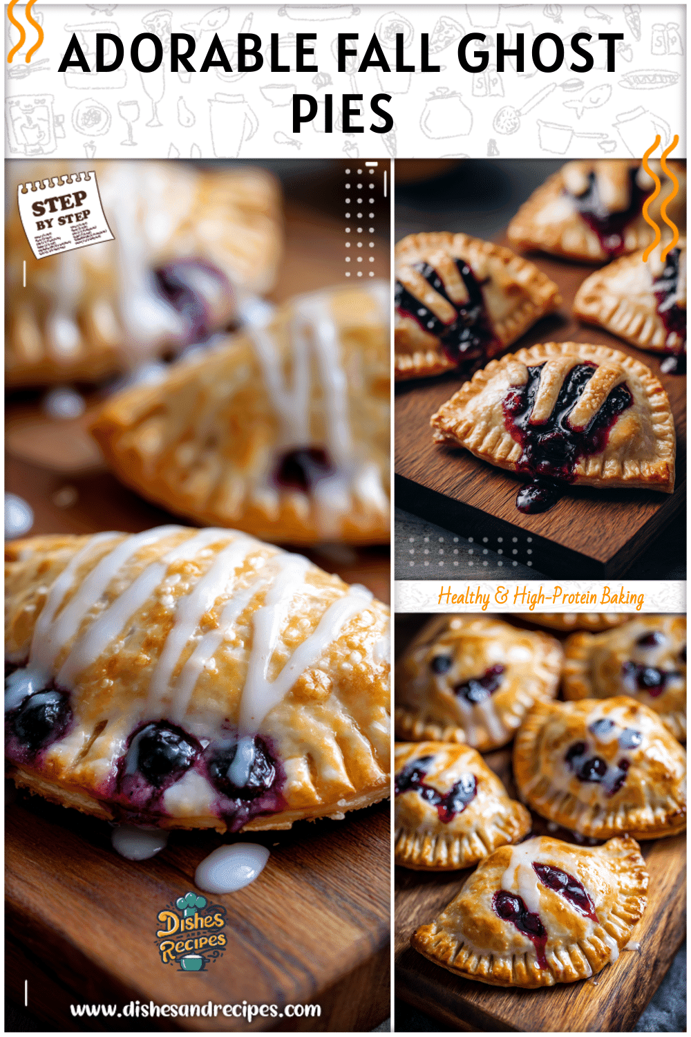 Kid friendly ghost shaped vegan blueberry hand pies on a wooden board with lemon glaze