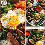 Colorful Korean BBQ steak and rice bowl with spicy cream sauce served as a healthy dinner recipe.