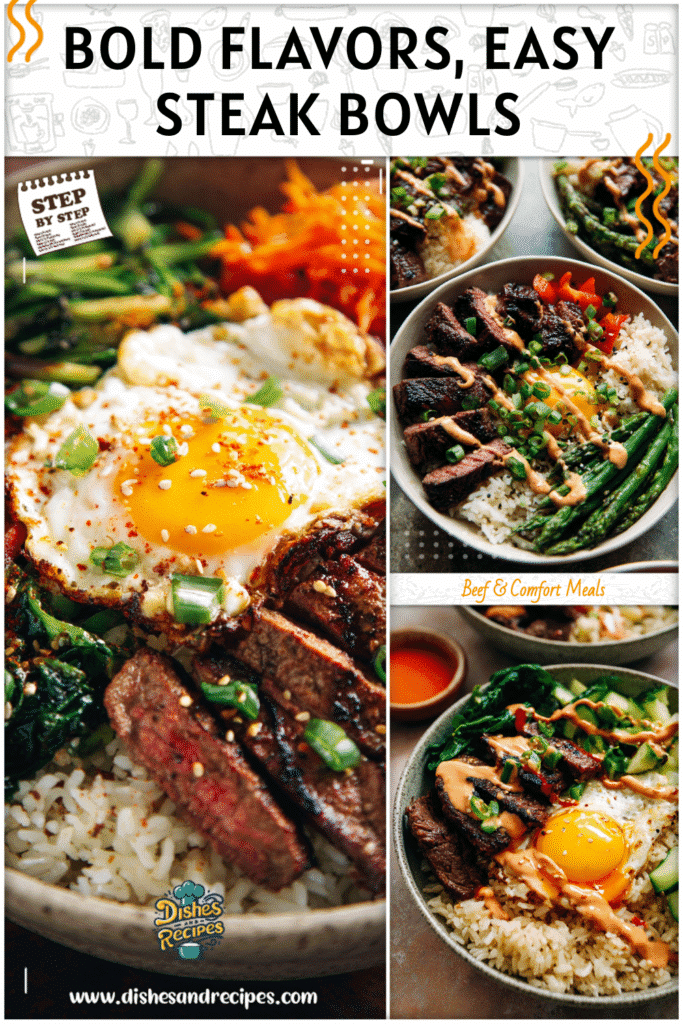 Colorful Korean BBQ steak and rice bowl with spicy cream sauce served as a healthy dinner recipe.
