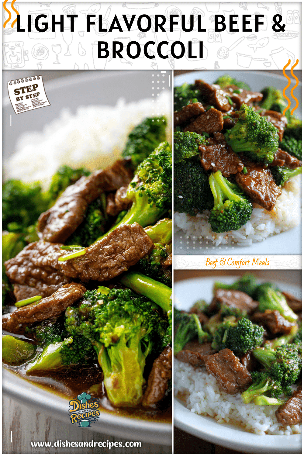 Chinese beef and broccoli dinner served on a white plate with light sauce and fresh broccoli.