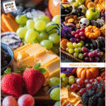A colorful Halloween Healthy Charcuterie Board filled with fruits, veggies, and spooky accents.
