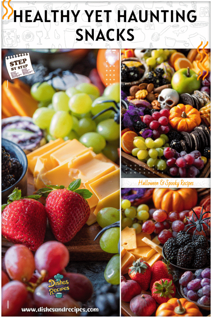 Home 34 A colorful Halloween Healthy Charcuterie Board filled with fruits, veggies, and spooky accents.