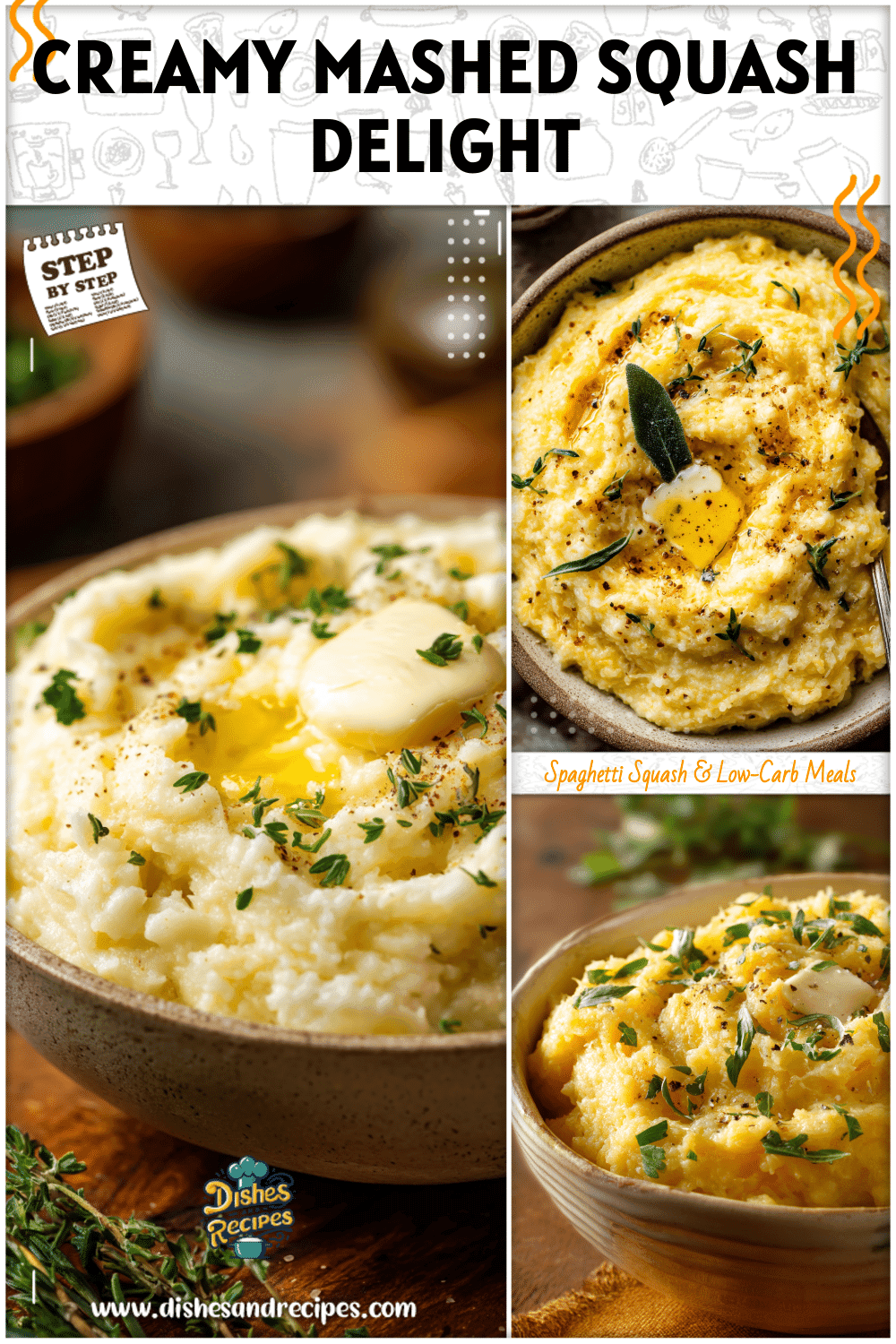 Creamy mashed spaghetti squash served in a bowl with fresh herbs and butter
