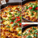 Baked Mexican squash casserole topped with melted cheese, fresh cilantro, and chili garnish in a skillet.