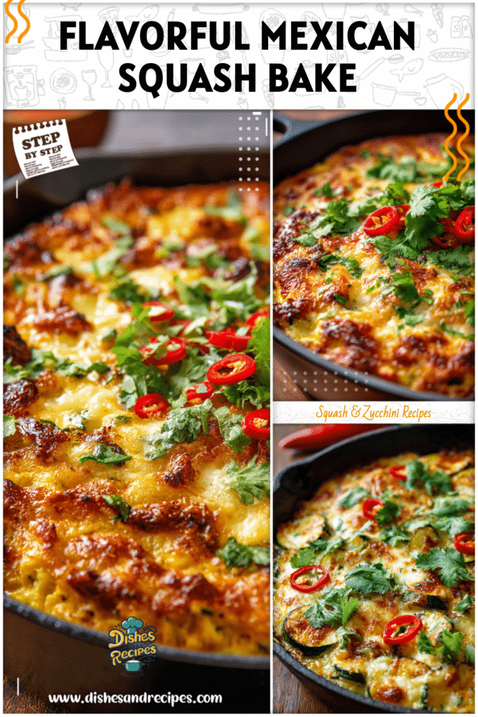 Home 32 Baked Mexican squash casserole topped with melted cheese, fresh cilantro, and chili garnish in a skillet.