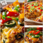 Mexican style squash casserole topped with melted cheese and colorful peppers