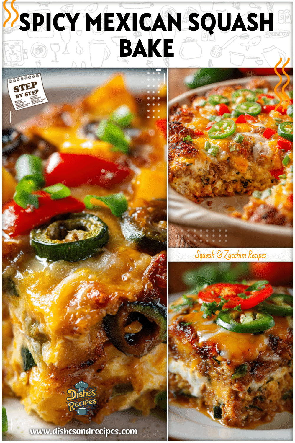 Mexican style squash casserole topped with melted cheese and colorful peppers