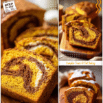 Mini pumpkin bread with a golden cinnamon swirl sliced on a wooden board for fall baking recipes.