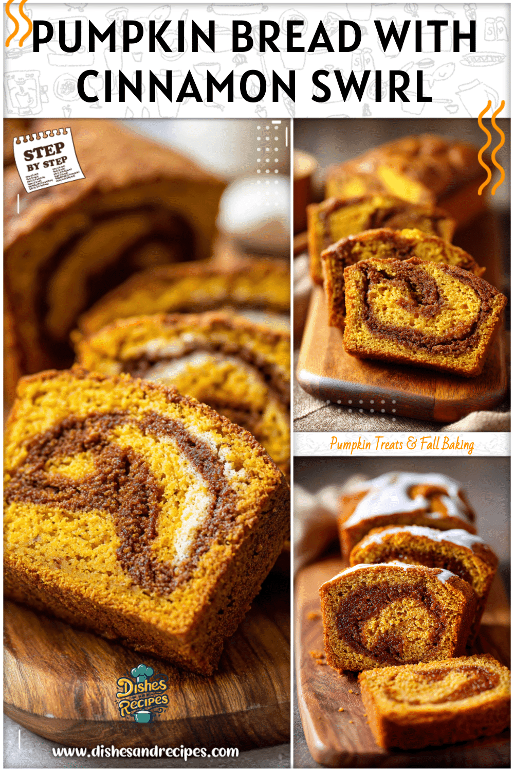 Mini pumpkin bread with a golden cinnamon swirl sliced on a wooden board for fall baking recipes.