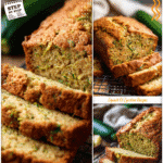 Moist zucchini squash bread loaf on a cooling rack with slices displayed